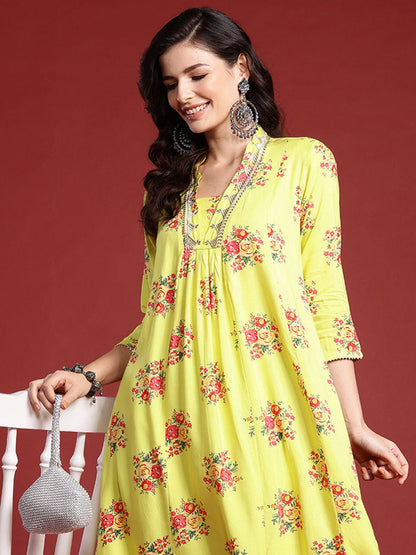 Dhiyona IE Zari Embroidered Floral Printed Gota Patti Detailed A-Line Kurta