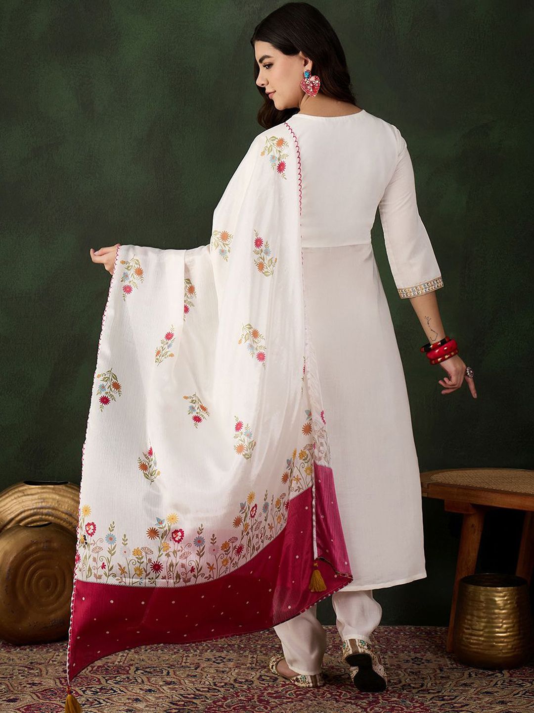 Dhiyona SN Women's Off White Floral Embroidered Thread Work A-Line Kurta With Trouser & Dupatta