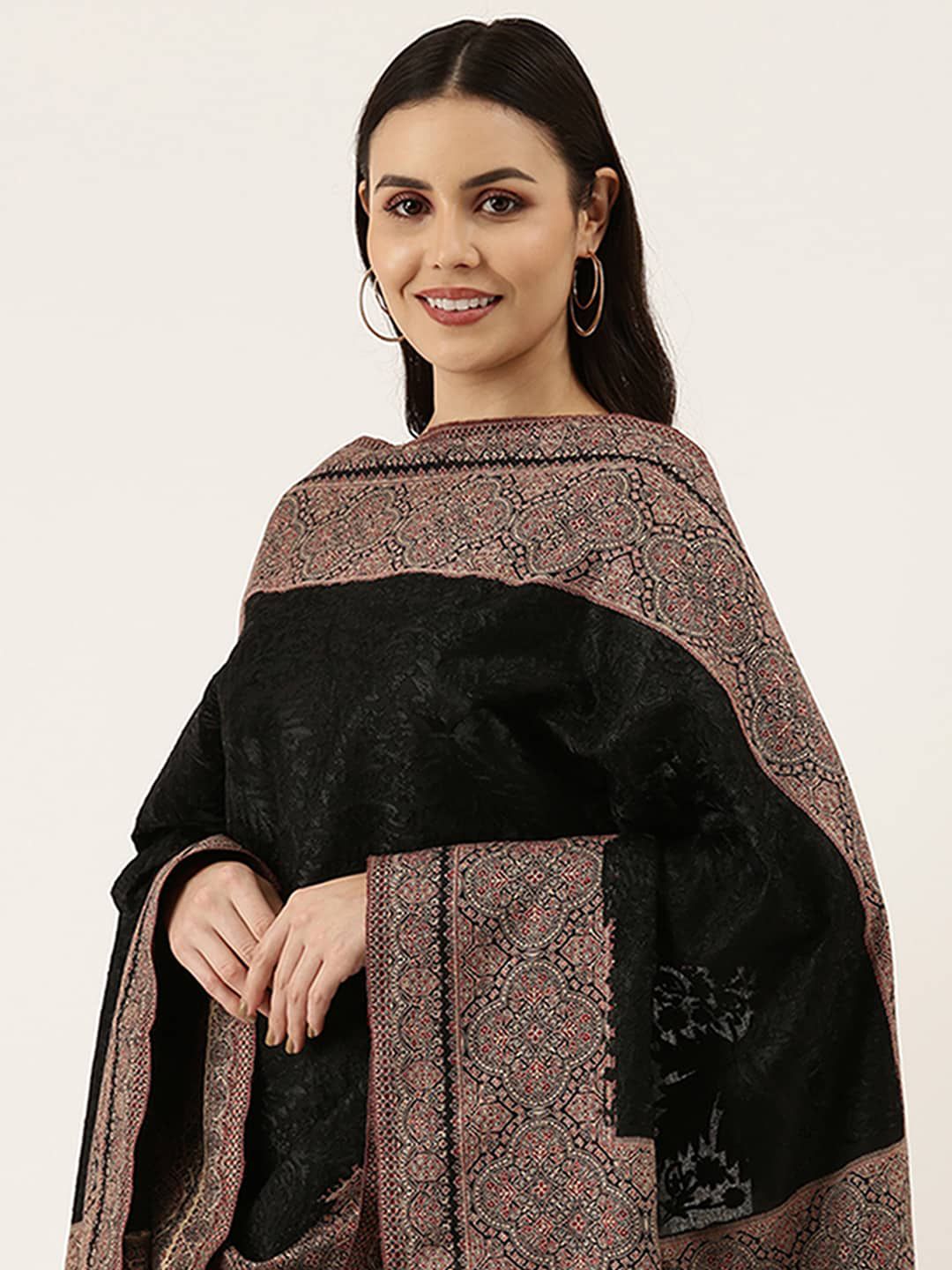 Dhiyona PA Women Black Embroidered Ethnic Motifs Shawl
