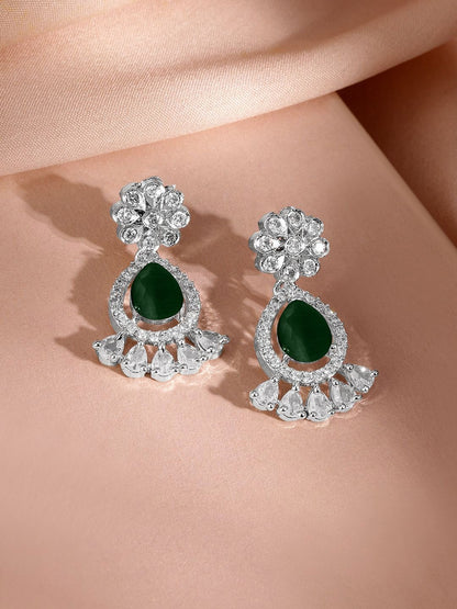 Dhiyona RJ Women's Rhodium-Plated Emerald Green Cubic Zirconia Studded Statement Necklace Set
