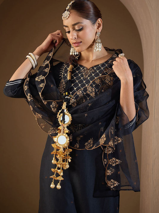 Dhiyona IE Women Embroidered Regular Liva Kurta with Trousers & With Dupatta