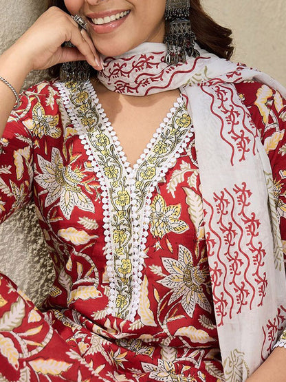 Dhiyona IE Floral Printed V-Neck Pure Cotton Straight Kurta With Trousers And Dupatta