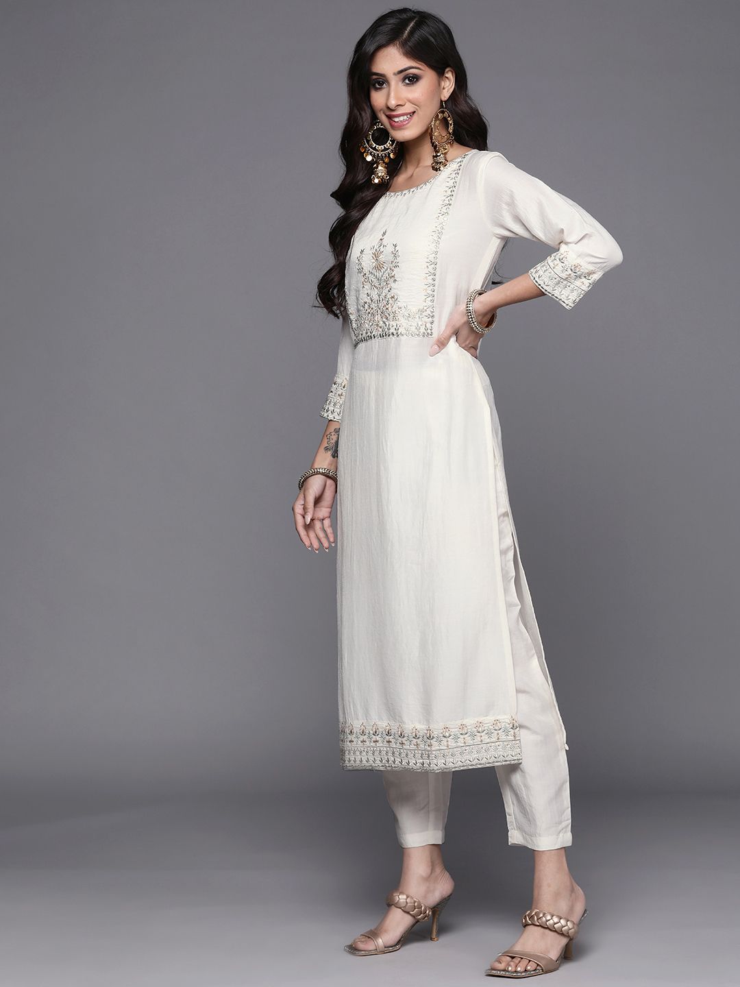 Women White Ethnic Motifs Embroidered Kurta with Trousers & With Dupatta