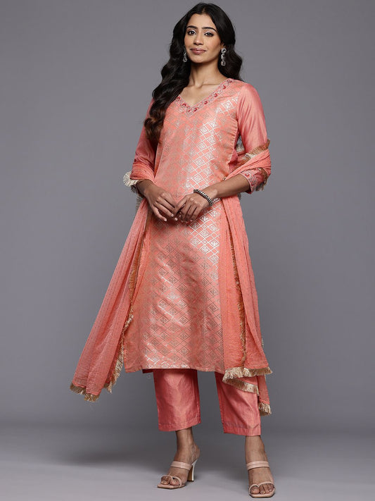 Dhiyona VA Women'sWoven Design Zari Kurta With Trousers & Dupatta