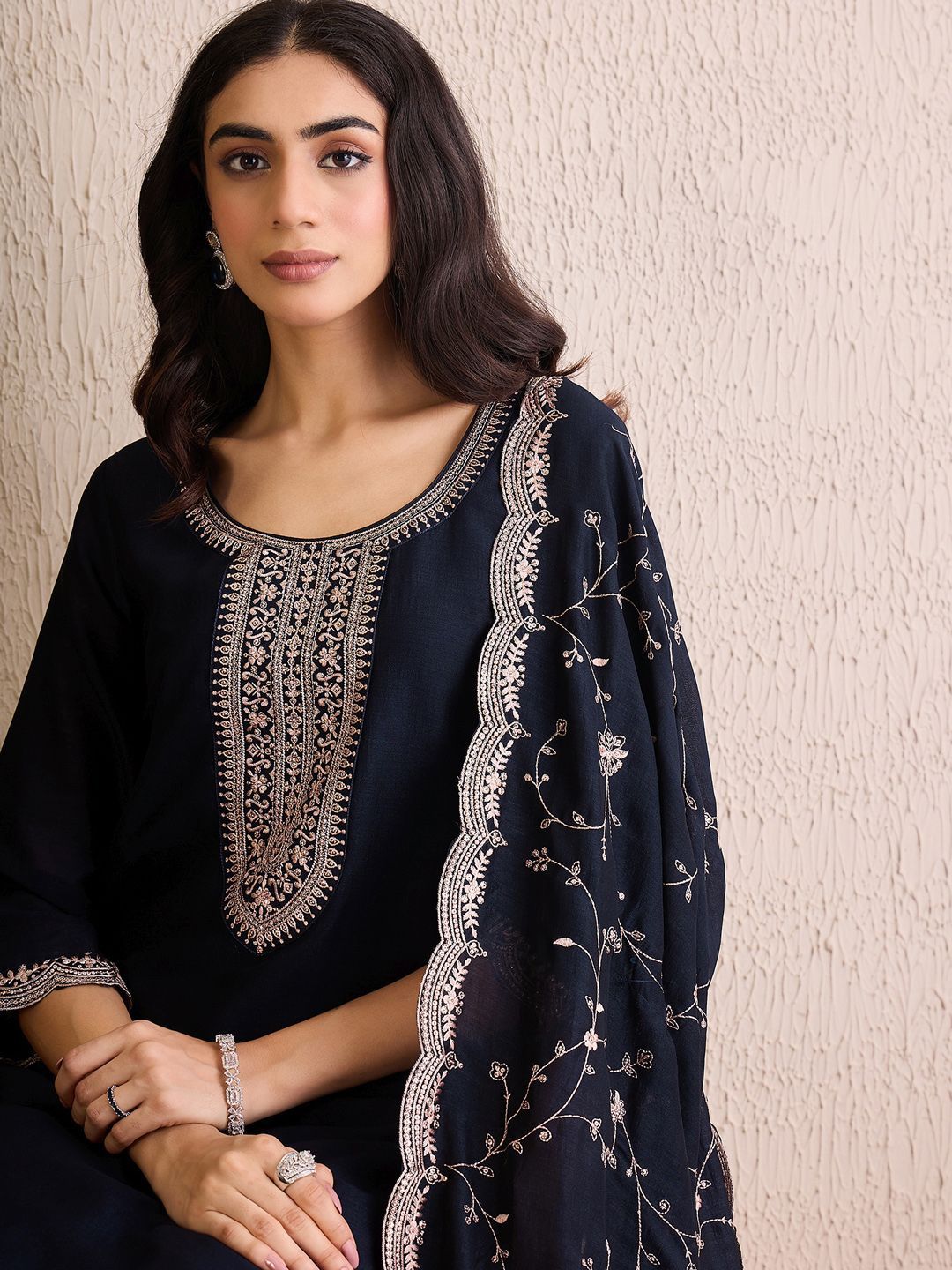 Dhiyona IE Women Ethnic Motifs Embroidered Regular Sequinned Kurta with Trousers & With Dupatta