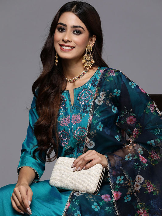 Dhiyona IE Women Teal Floral Embroidered Regular Thread Work Kurta with Trousers & With Dupatta