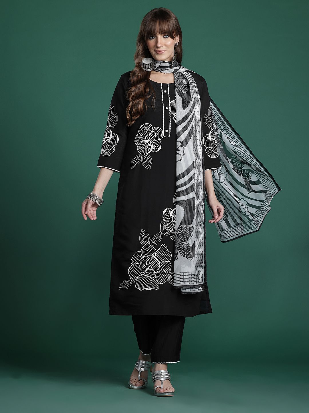 Dhiyona IE Floral Embroidered Pure Cotton Kurta with Trousers & Dupatta