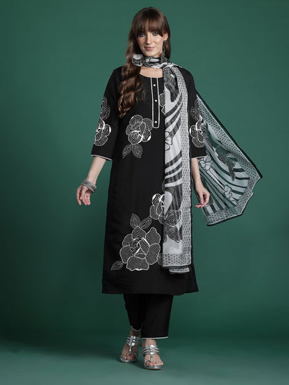 Dhiyona IE Floral Embroidered Pure Cotton Kurta with Trousers & Dupatta