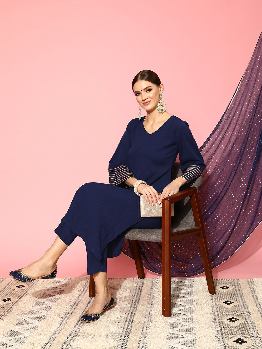 Dhiyona VA Women's Navy Blue Regular Gotta Patti Silk Crepe Kurta with Trousers & With Dupatta