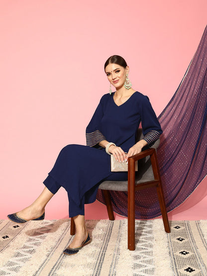 Dhiyona VA Women's Navy Blue Regular Gotta Patti Silk Crepe Kurta with Trousers & With Dupatta