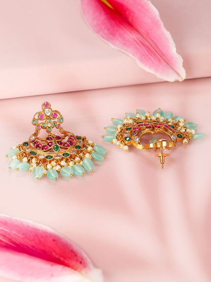 Dhiyona RJ Women's 22K Gold-Plated Ruby & Emerald Stone Studded Mint Green Beaded Chandbali Earrings