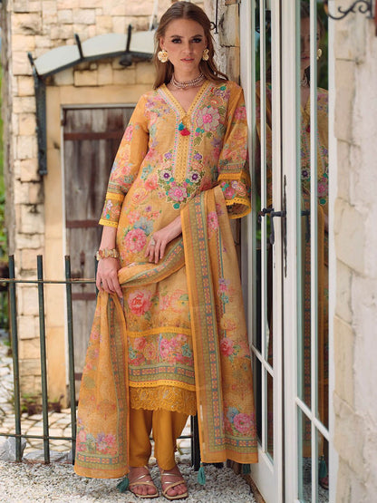 Women Floral Embroidered Beads and Stones Linen Kurta, Trousers With Dupatta