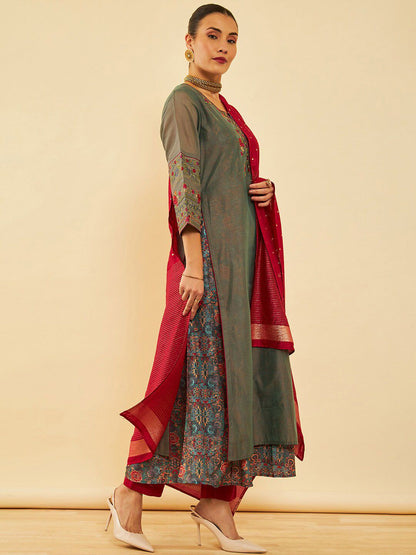 Dhiyona SO Women's Grey Floral Embroidered Layered Thread Work A-Line Kurta With Trousers & Dupatta