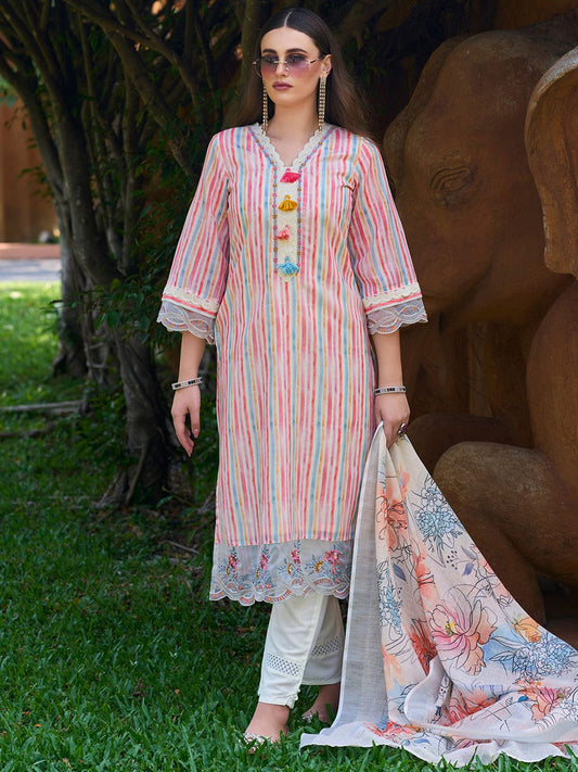 Dhiyona IE White Striped Thread Work Pure Cotton Kurta with Trousers & Dupatta