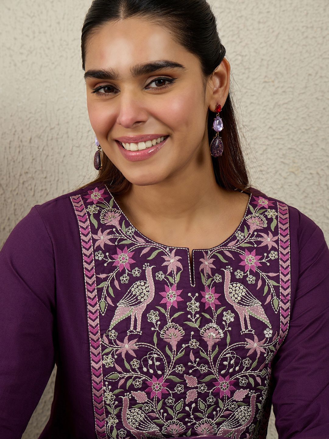 Floral Embroidered Sequinned Pure Cotton Kurta With Trousers