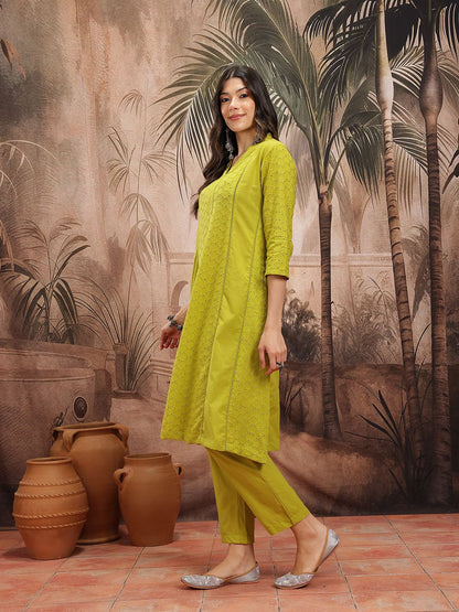 Dhiyona SN Women's Schiffli Embroidered Panelled Pure Cotton Kurta with Trousers