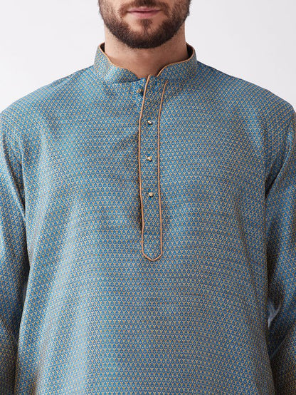 Men's Aqua Silk Blend Straight Kurta and Dhoti Set