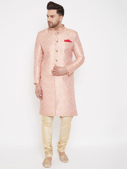 Men's Pink Silk Blend Straight Sherwani Set