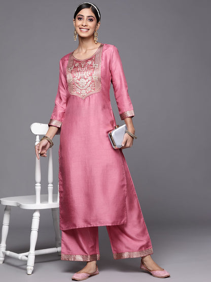 Women Pink Ethnic Motifs Yoke Design Kurta with Palazzos