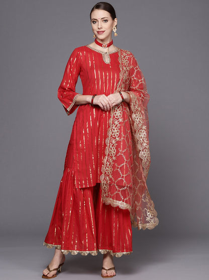 Dhiyona VA Women's Red Striped Kurta with Sharara & With Dupatta