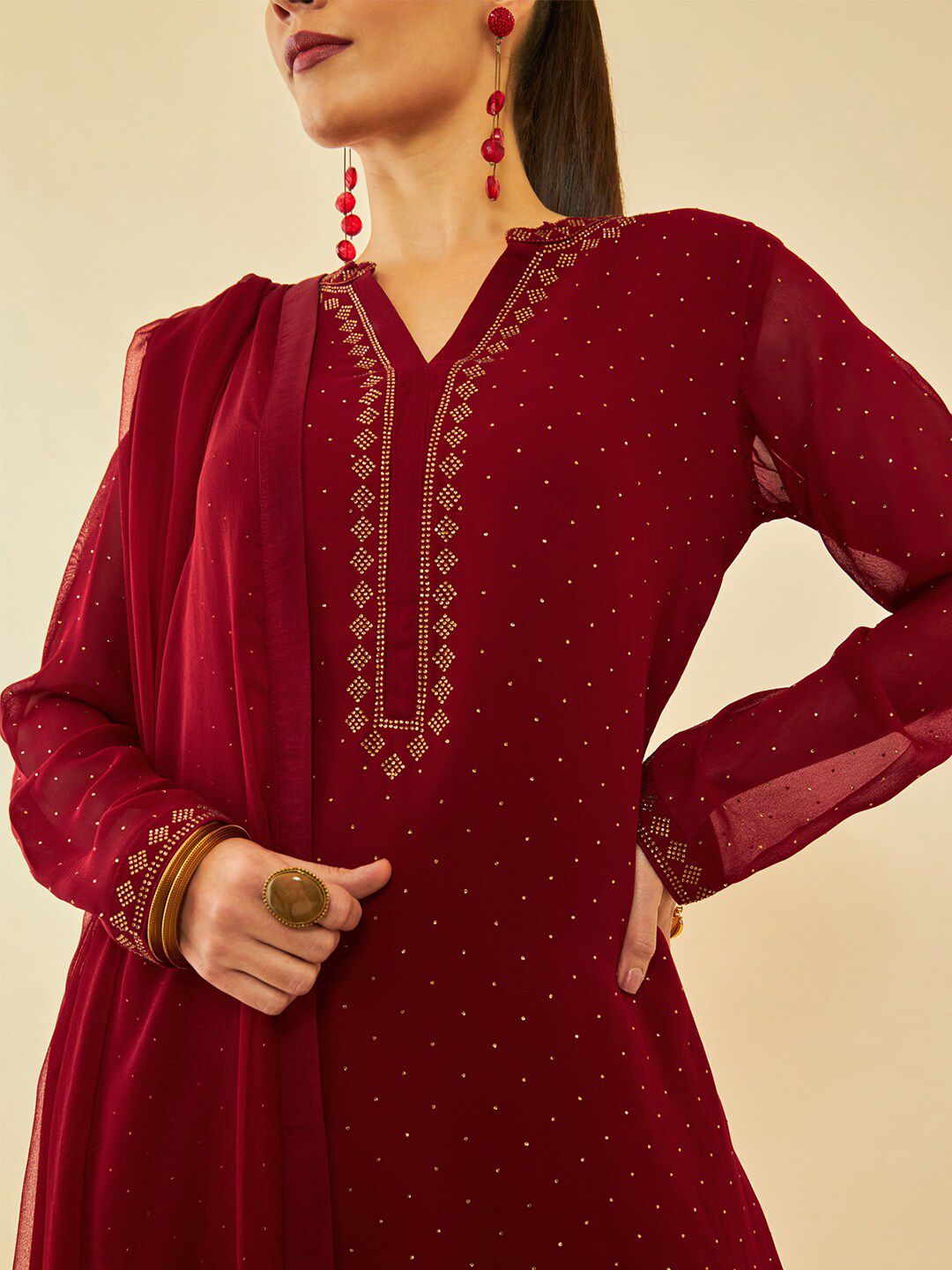 Dhiyona SO Women's Red Ethnic Motifs Yoke Design Beads and Stones Georgette Kurta With Salwar & Dupatta