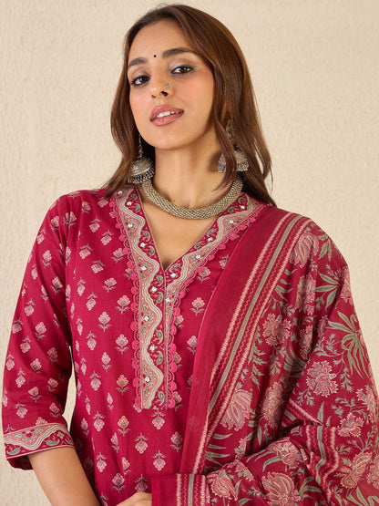 Dhiyona IE Women Floral Printed Regular V-Neck Kurta with Salwar & Dupatta