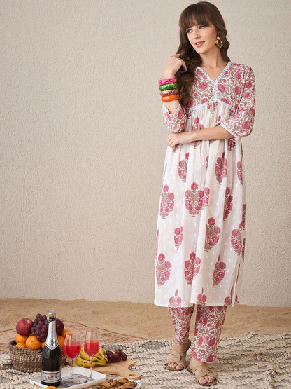 Dhiyona IE Floral Printed V-Neck A-Line Pure Cotton Tunic With Trouser
