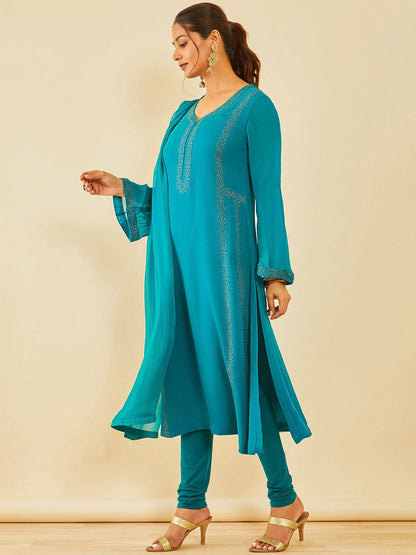 Dhiyona SO Women's Women Floral Embroidered Regular Beads and Stones Kurta with Churidar & With Dupatta