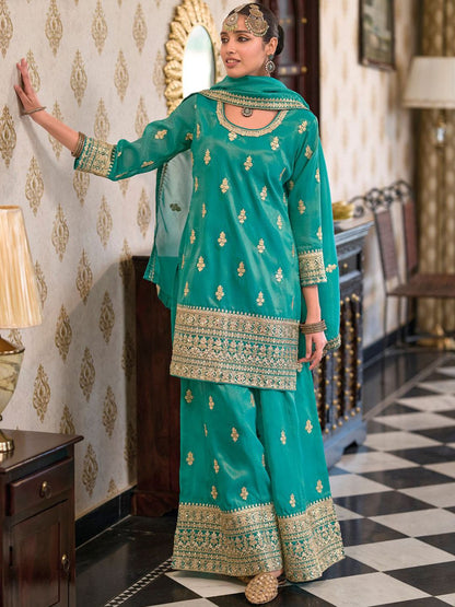 Women Ethnic Motifs Embroidered Mirror Work Kurta with Palazzos & With Dupatta