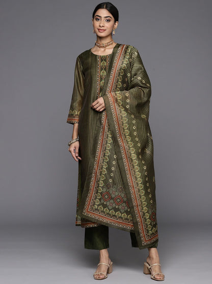 Dhiyona VA Women's Ethnic Motifs Printed Chanderi Silk Kurta with Trousers & With Dupatta