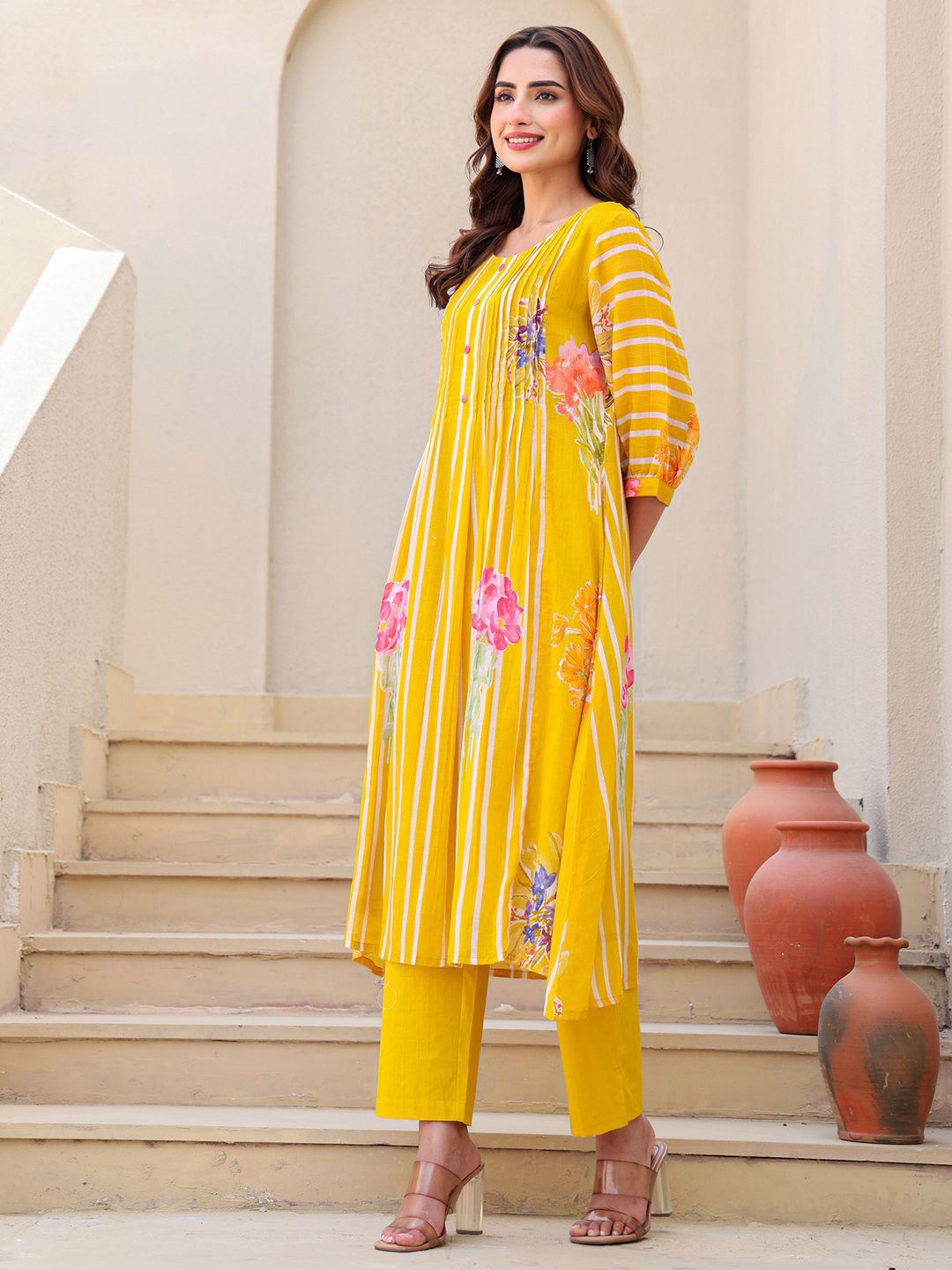 Dhiyona IE Floral Printed Pure Cotton Tunic With Trousers Co-Ords