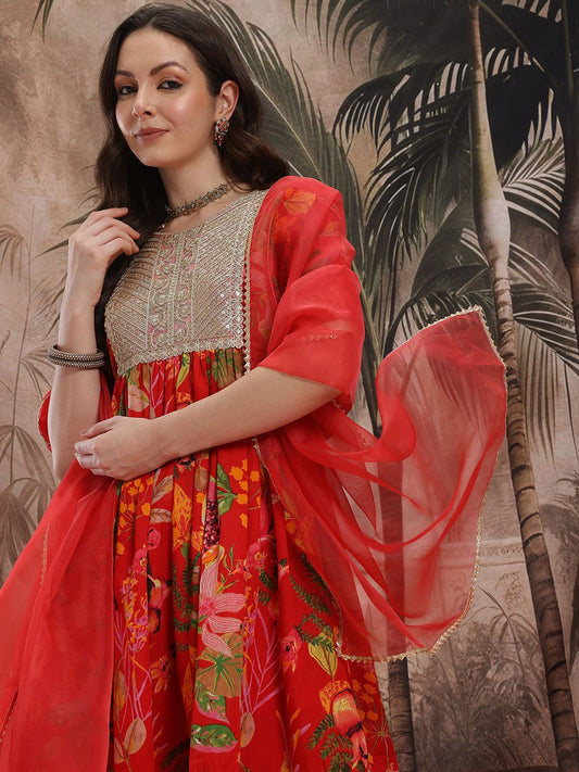 Dhiyona SN Women's Floral Printed Pleated Kurta with Sharara & With Dupatta