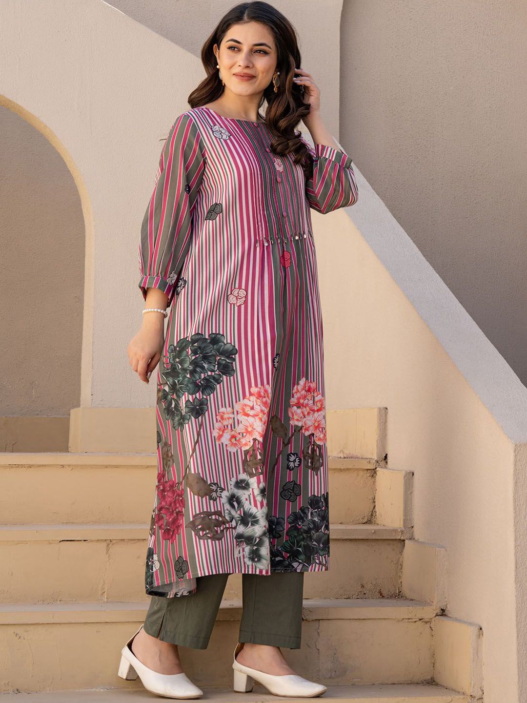 Dhiyona IE Striped A-Line Pure Cotton Kurta With Trousers