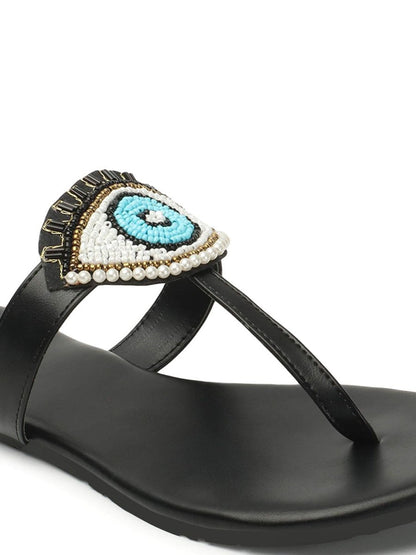 Dhiyona AK Black & Blue Evil Eye Embellished Classic T-Strap Flats