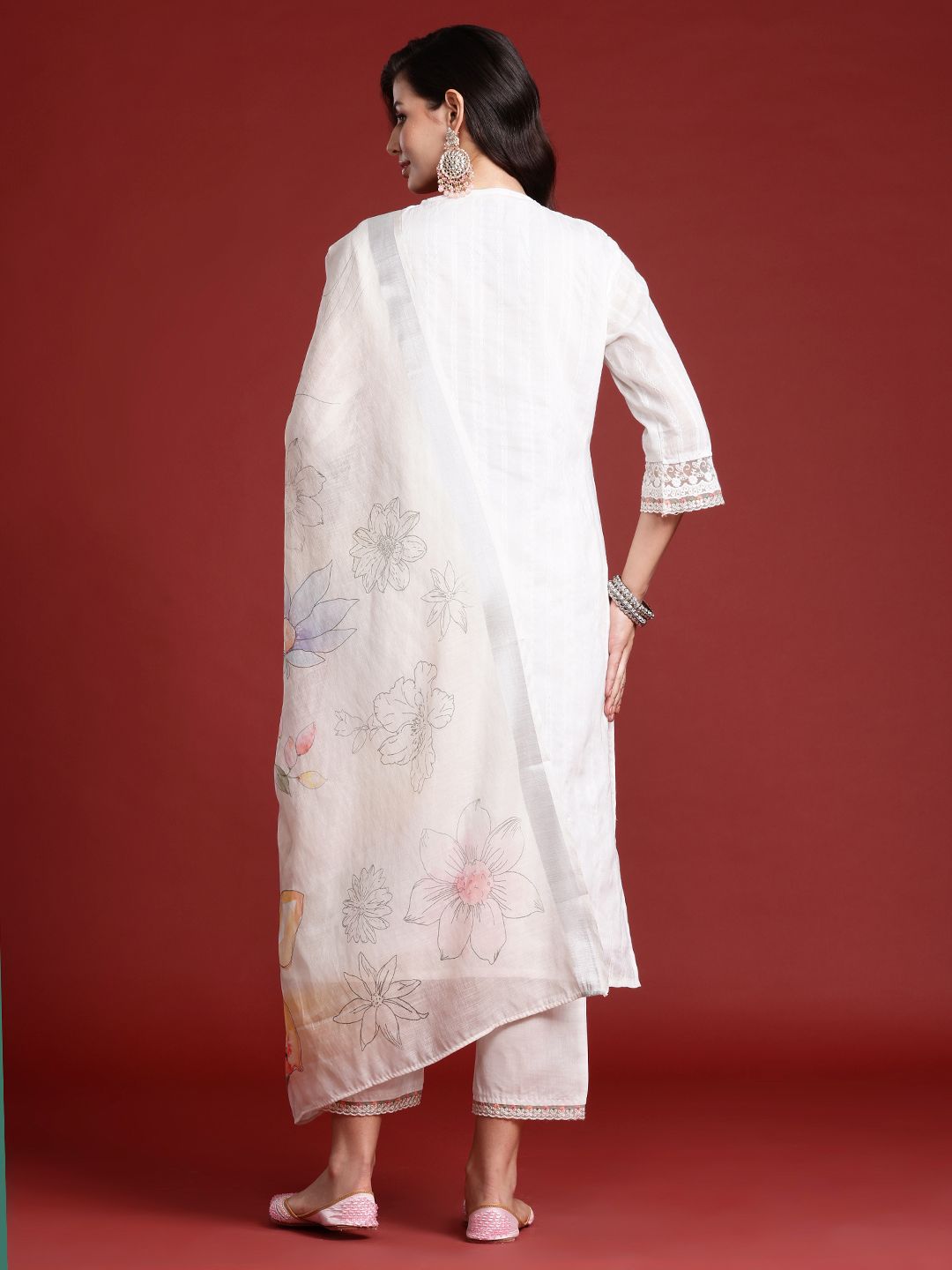 Floral Embroidered & Embellished Pure Cotton Kurta with Trousers & Dupatta