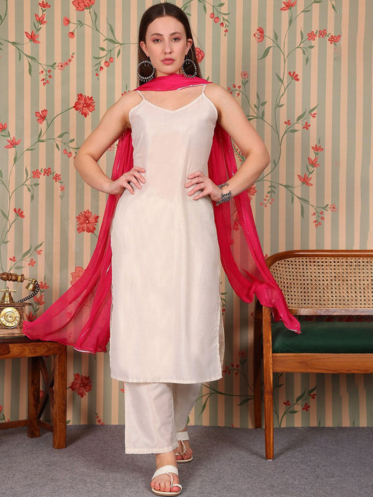 Dhiyona OD  Striped V-Neck Pure Cotton Kurta with Trousers & Dupatta