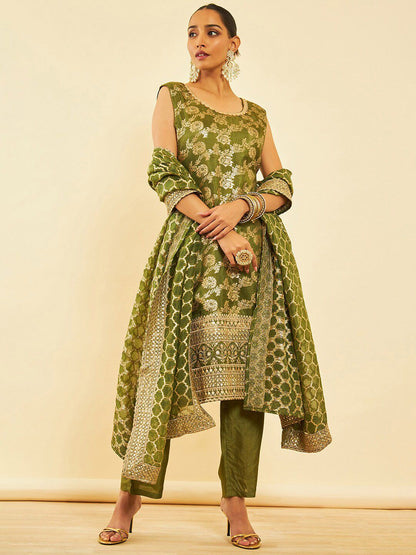 Dhiyona SO Women's Women Ethnic Motifs Woven Design Straight Sequinned Kurta with Trousers & Dupatta