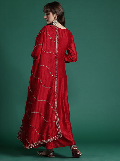 Ethnic Motifs Zari Embroidered Kurta With Trousers & Dupatta