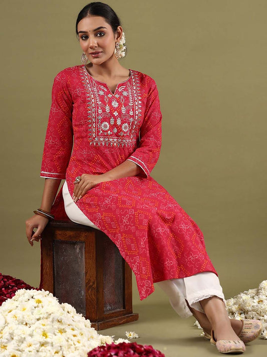 Dhiyona IE Women Floral Printed Notched Neck Thread Work Straight Cotton Kurta
