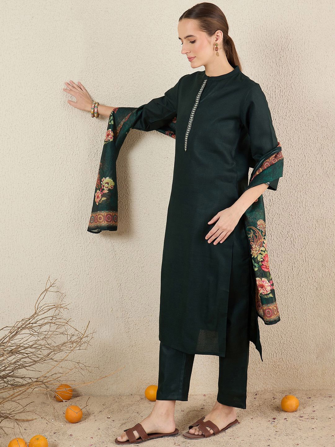Women Embroidered Regular Kurta with Trousers & Dupatta