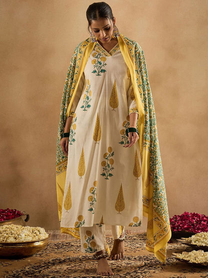Floral Printed V-Neck Pure Cotton Straight Kurta With Trousers & Dupatta