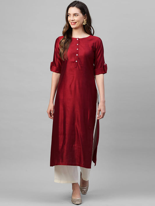 Dhiyona IE Women Red Solid Liva Straight Kurta