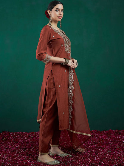 Dhiyona IE Ethnic Motifs Embroidered Regular Liva Zari Kurta With Trousers & Dupatta