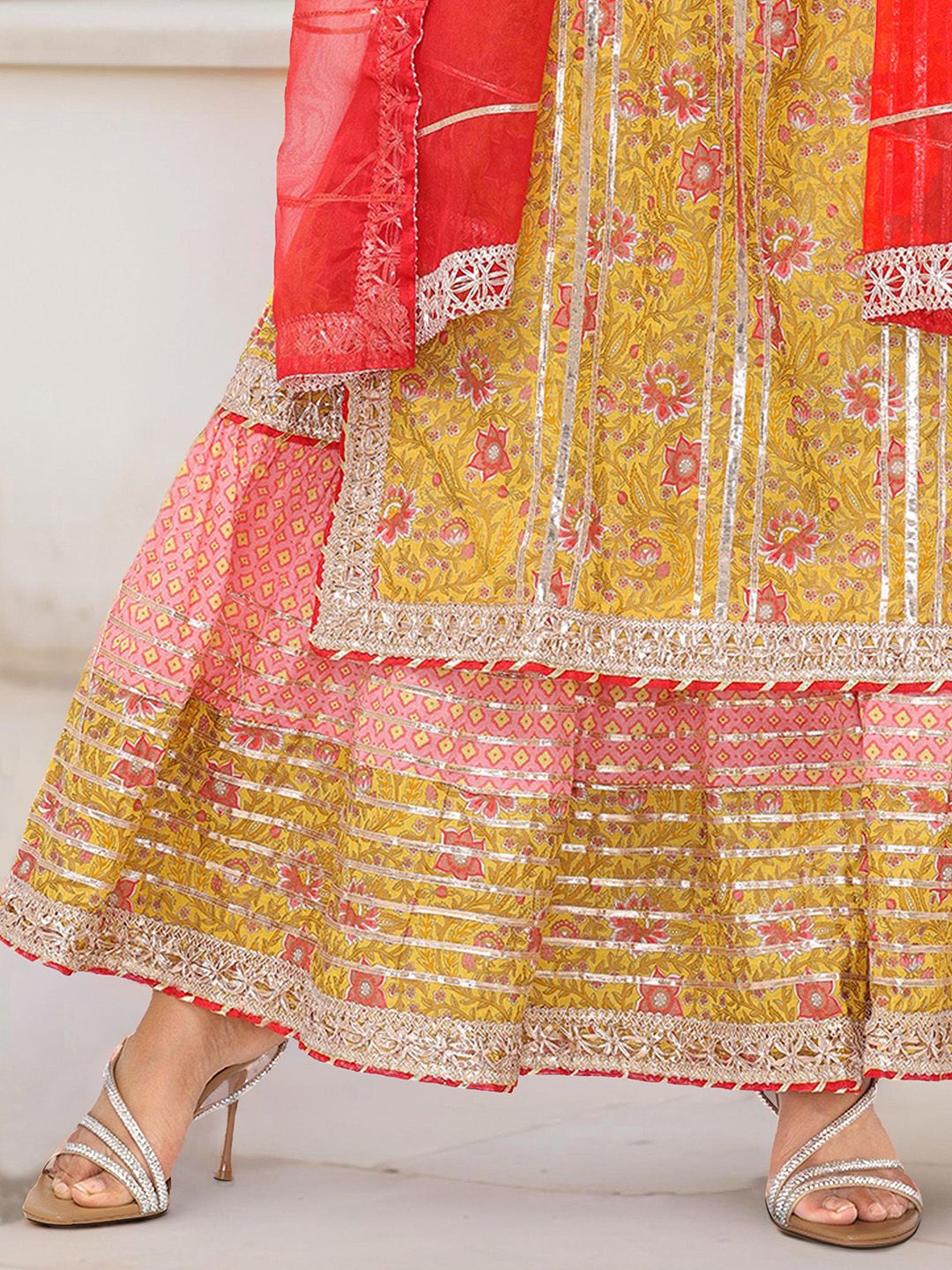 Dhiyona IS Women's Floral Printed Pure Cotton Anarkali Kurta With Sharara & Dupatta