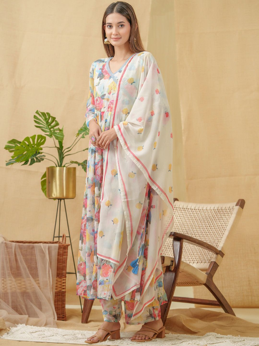 Dhiyona IS Women's V-Neck Floral Printed Angrakha Kurta with Palazzos & Dupatta