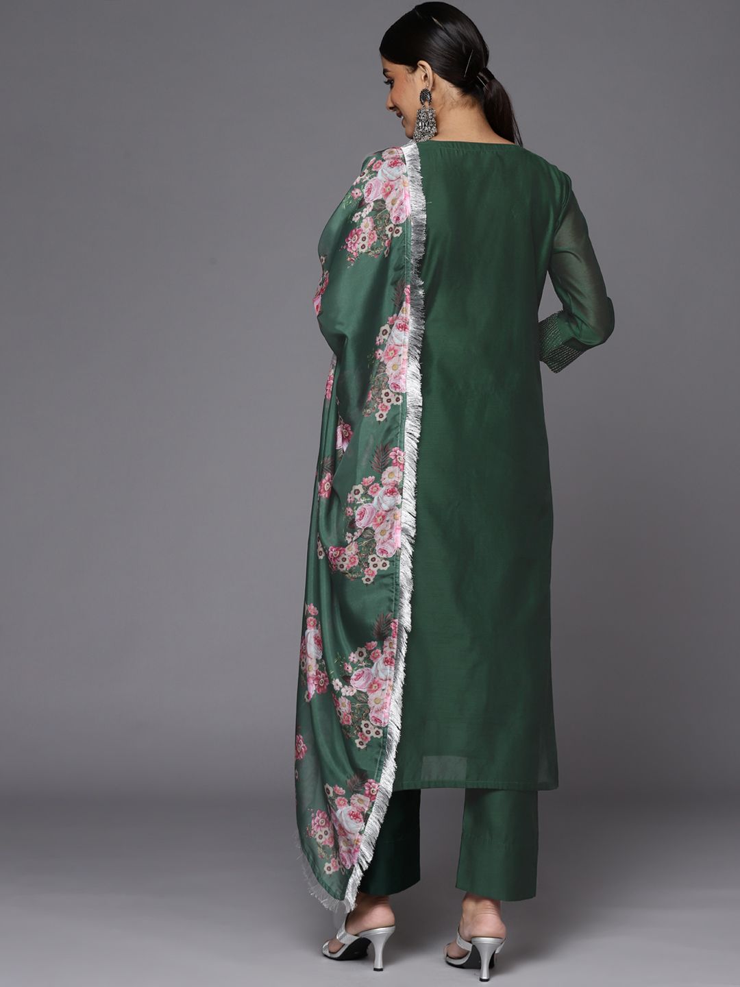 Dhiyona VA Women's Green Floral Yoke Design Chanderi Silk Kurta with Trousers & With Dupatta