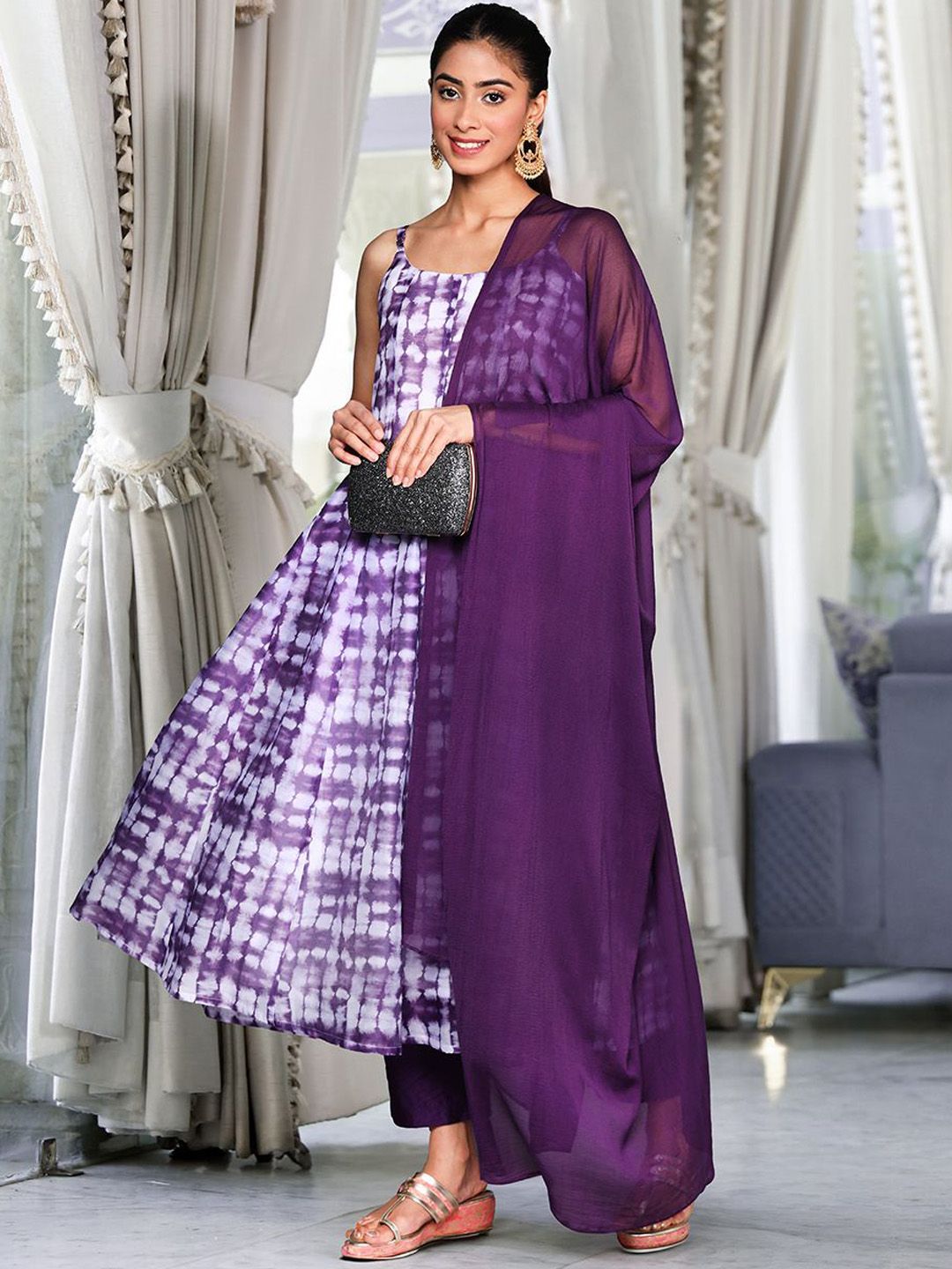 Dhiyona VA Women'sViolet Ombre Dyed Printed Chanderi Silk Anarkali Kurta With Trousers & Dupatta