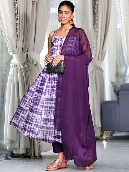 Dhiyona VA Women'sViolet Ombre Dyed Printed Chanderi Silk Anarkali Kurta With Trousers & Dupatta