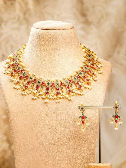 Dhiyona RJ Women's 24K Gold Plated Handcrafted Ruby & Emerald Studded & Pearl Beaded Jewellery Set