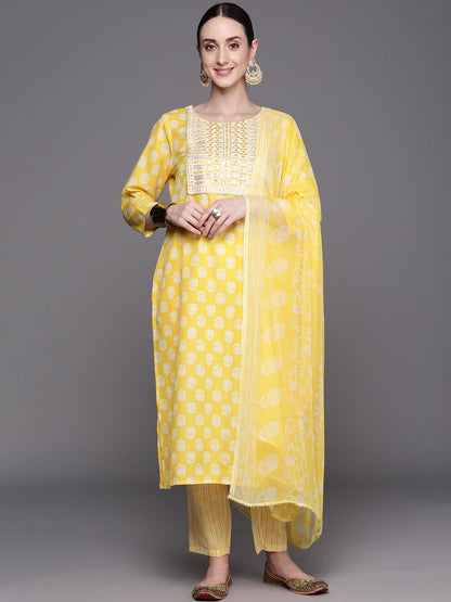 Dhiyona IE Floral Printed Regular Sequinned Pure Cotton Kurta With Trousers & Dupatta